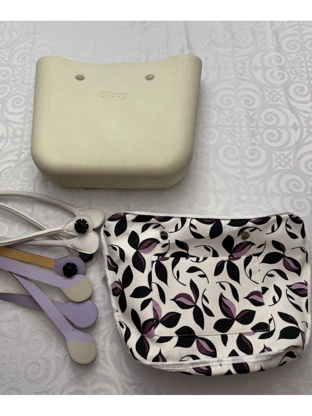 O Bag Cream Shell Floral Insert Lilac Accents 2 Sets Handles